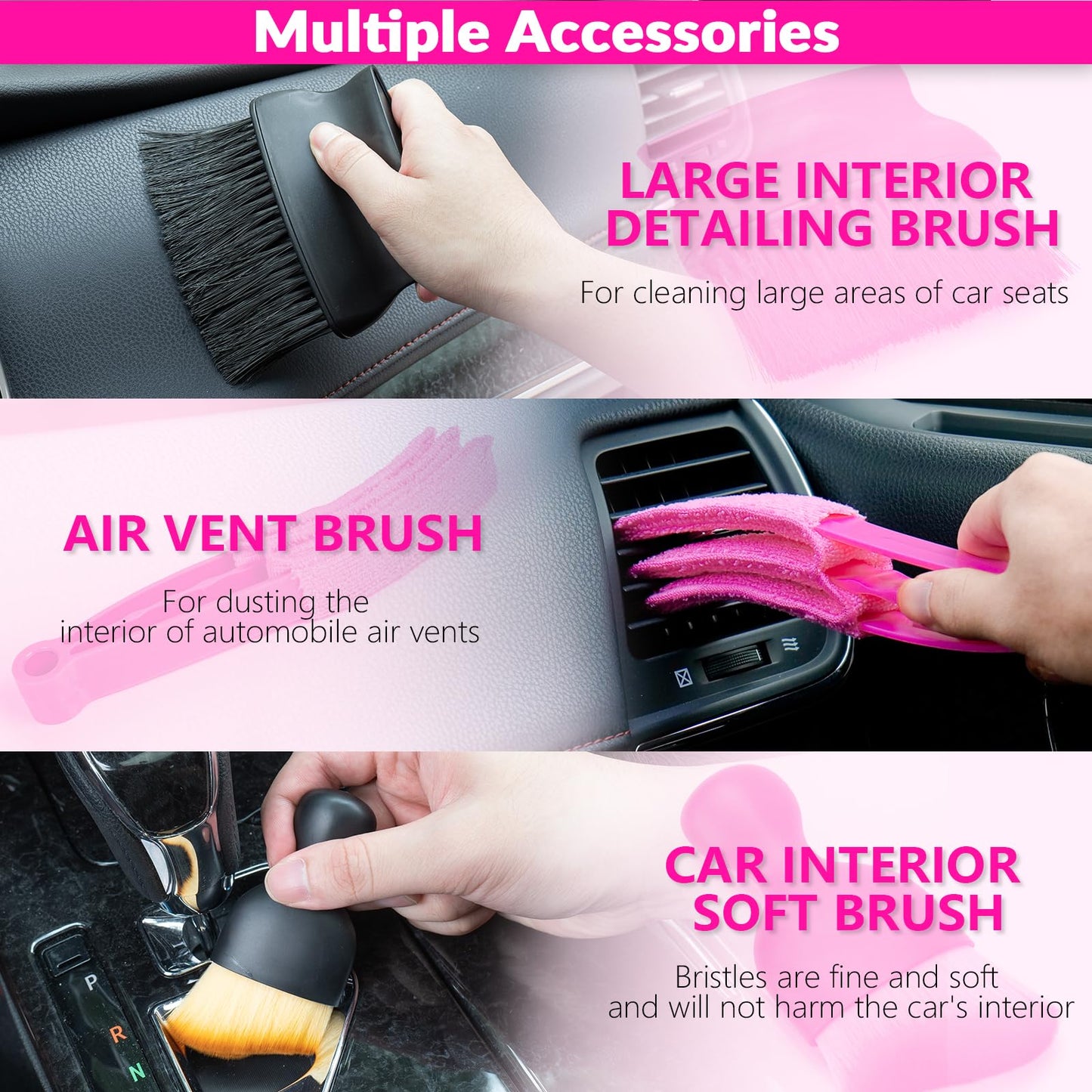 ThinkLearn Car Cleaning Kit, Car Vacuum Detailing Kit Interior with High Power Handheld Vacuum, Including 7Pcs Detailing Brush Set, Windshield Cleaner, Pink Car Accessories for Women