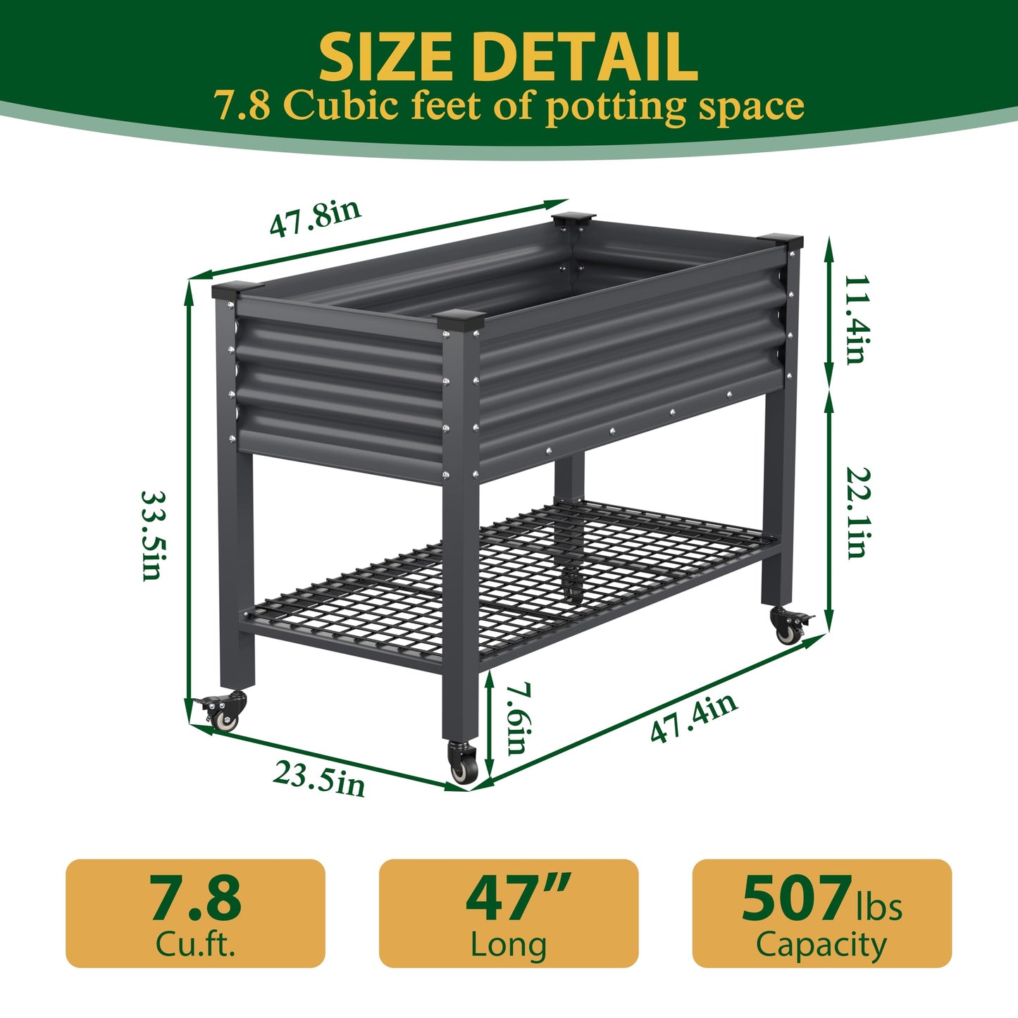 VEIKOU 48 x 24 x 34in Galvanized Steel Raised Garden Bed for Outdoor with Shelf and Casters, Drainage Holes, Steel Planter Box for Gardening Vegetable Flower Herb, 507 lbs Capacity, Gray