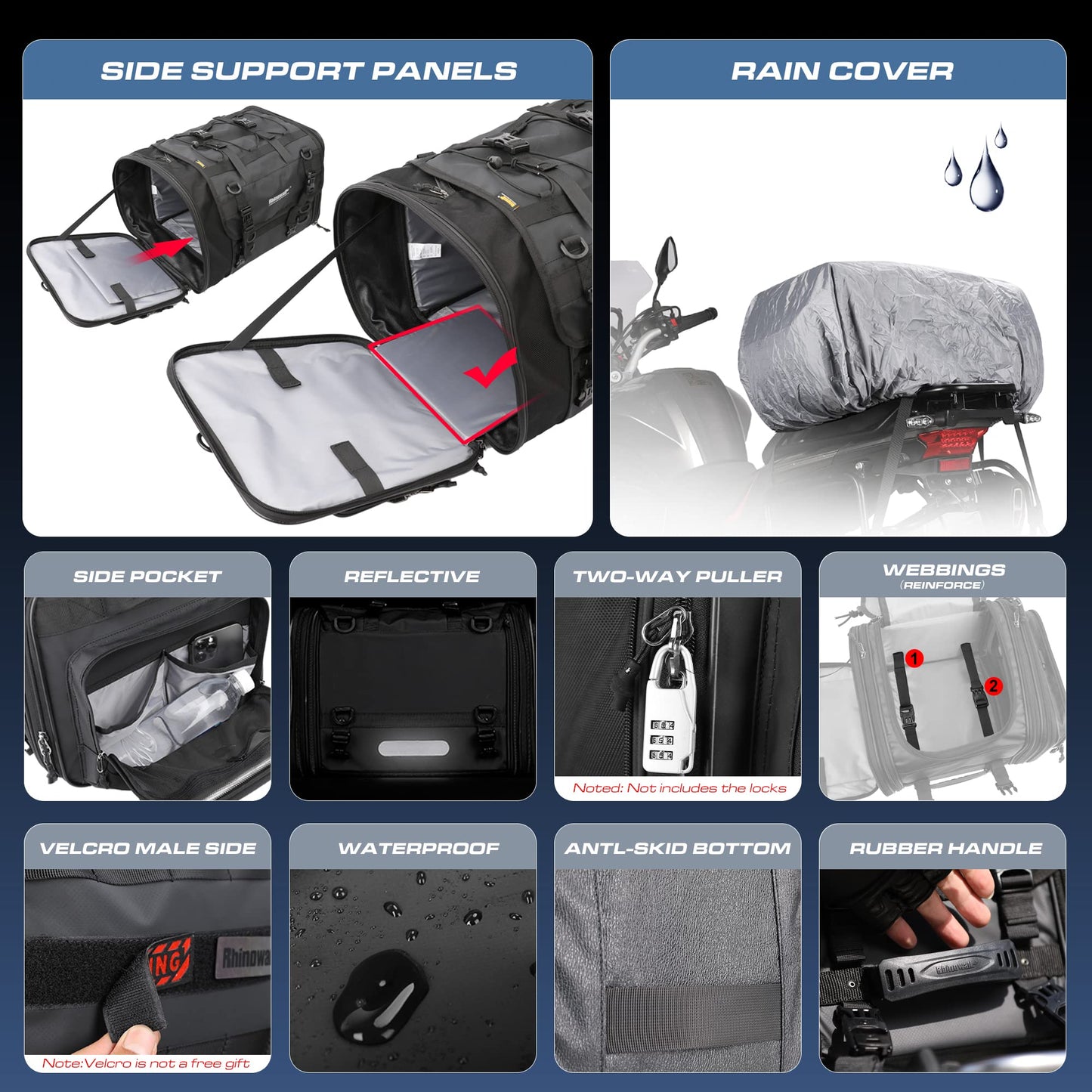 Rhinowalk Motorcycle Tail Bag, Expandable Motorcycle Travel Luggage Bags 60L, Waterproof All-Weather Trunk Rack Bag with Sissy Bar Straps & Helmet Rain Cover-Black