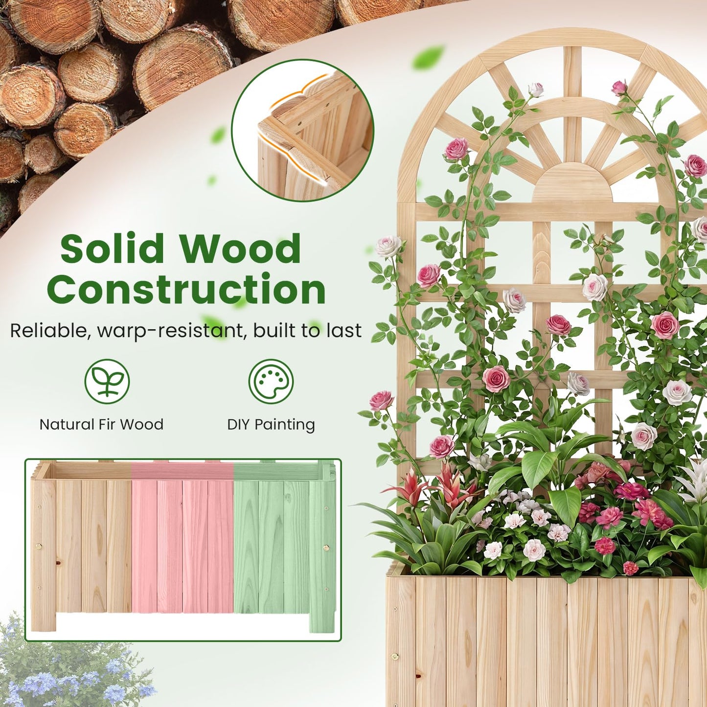Happygrill Wooden Raised Garden Bed with Trellis, Outdoor Planter Box with Drainage Holes, Privacy Screen, Natural Fir Wood Elevated Garden Bed for Climbing Plants Flowers (1, Natural, 24''x12''x48'')