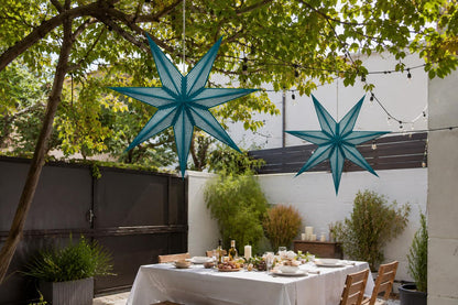 GalaxyArts 7-Point Paper Star Lantern - Striped Cutout Hanging Light Decoration - Foldable Star Lamp Shade for Home, Party, Christmas, Wedding Décor - Indoor/Outdoor Hanging Star(Turquoise)