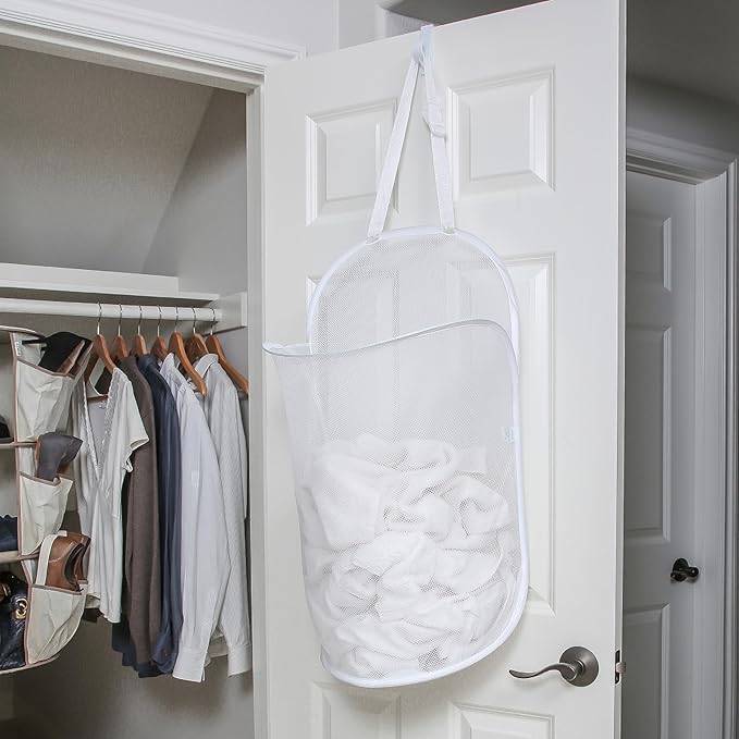 Smart Design Deluxe Mesh Over The Door Pop Up Hamper w/ Hook & Adjustable Strap