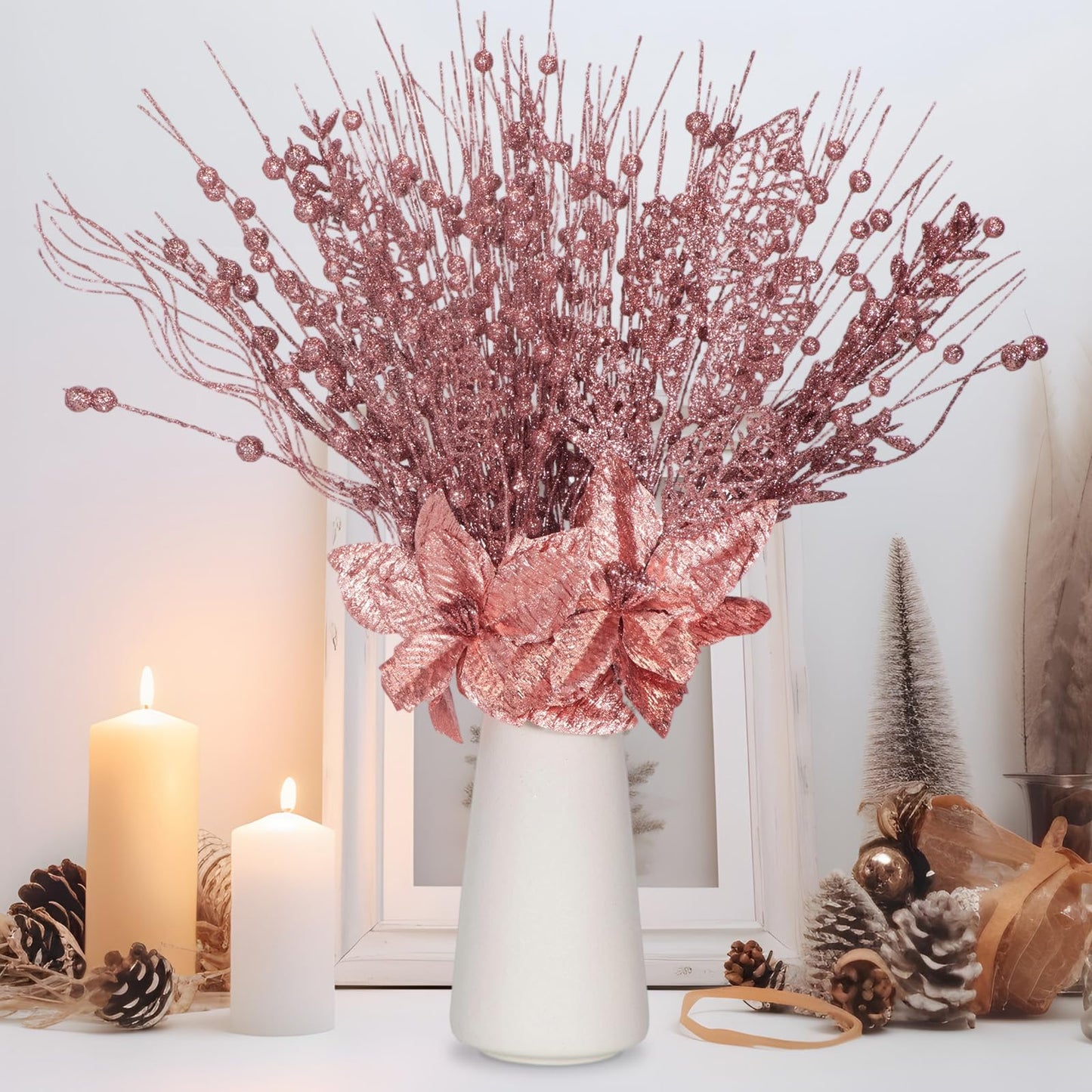 Syhood 30 Pack Holiday Vase Picks and Sprays Glitter Artificial Poinsettia Flower Berry Stems Ornaments Tree Picks Branches Curly Wispy Twigs Sticks for DIY Craft Wreath Decor(Rose Gold)