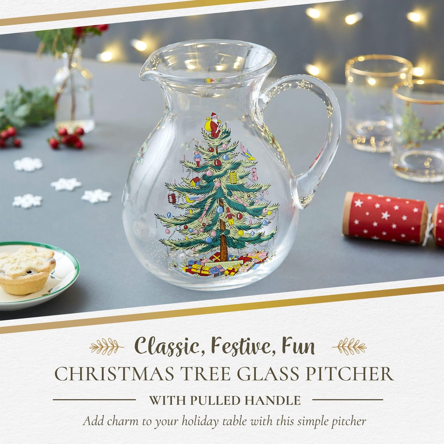 Spode Christmas Tree Glass Pitcher with Handle - Festive Holiday Beverage Server, Seasonal Drinkware for Entertaining, 6 Pint Capacity, Classic Glass Serveware - Celebrate Christmas Traditions