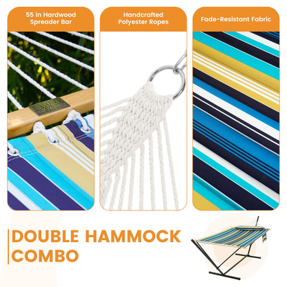 Lazy Daze Hammocks 2 Person Portable Hammock with 12FT Stand for Outside, 10.5FT Quilted Double Hammock with Spreader Bar and Detachable Pillow, 450lbs Capacity for Outdoor Patio, Beach Stripes
