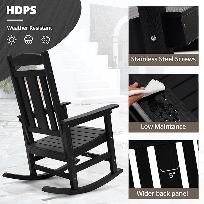 LUE BONA Outdoor Rocking Chairs Set of 4, Weather Resistant HDPS Poly Rocker Chairs, 350lb Heavy Duty, Oversized Porch Rocker for Adult, High Back Smooth Rocking Chairs for Outdoor & Indoor, Black