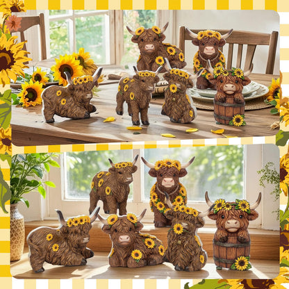 Tradder 6 Pcs Sunflower Highland Cow Table Decorations Spring Highland Cow Wooden Block Signs Farmhouse Table Centerpiece Rustic Tiered Tray Decor for Baby Shower Home Kitchen Office Desk