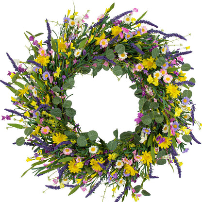J'FLORU Large Spring Wreaths for Front Door 28 Inch Artificial Spring Wreath Summer Flower Wreath with Daisy and Lavender for Indoor Outdoor Wall Window and Easter Celebration