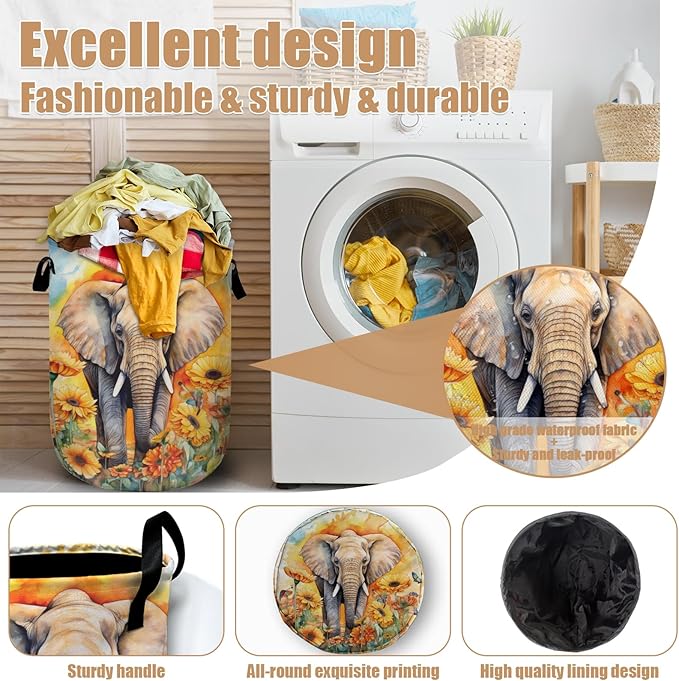 Watercolor Elephant Sunflower Laundry Basket, Foldable Wild Animals Laundry