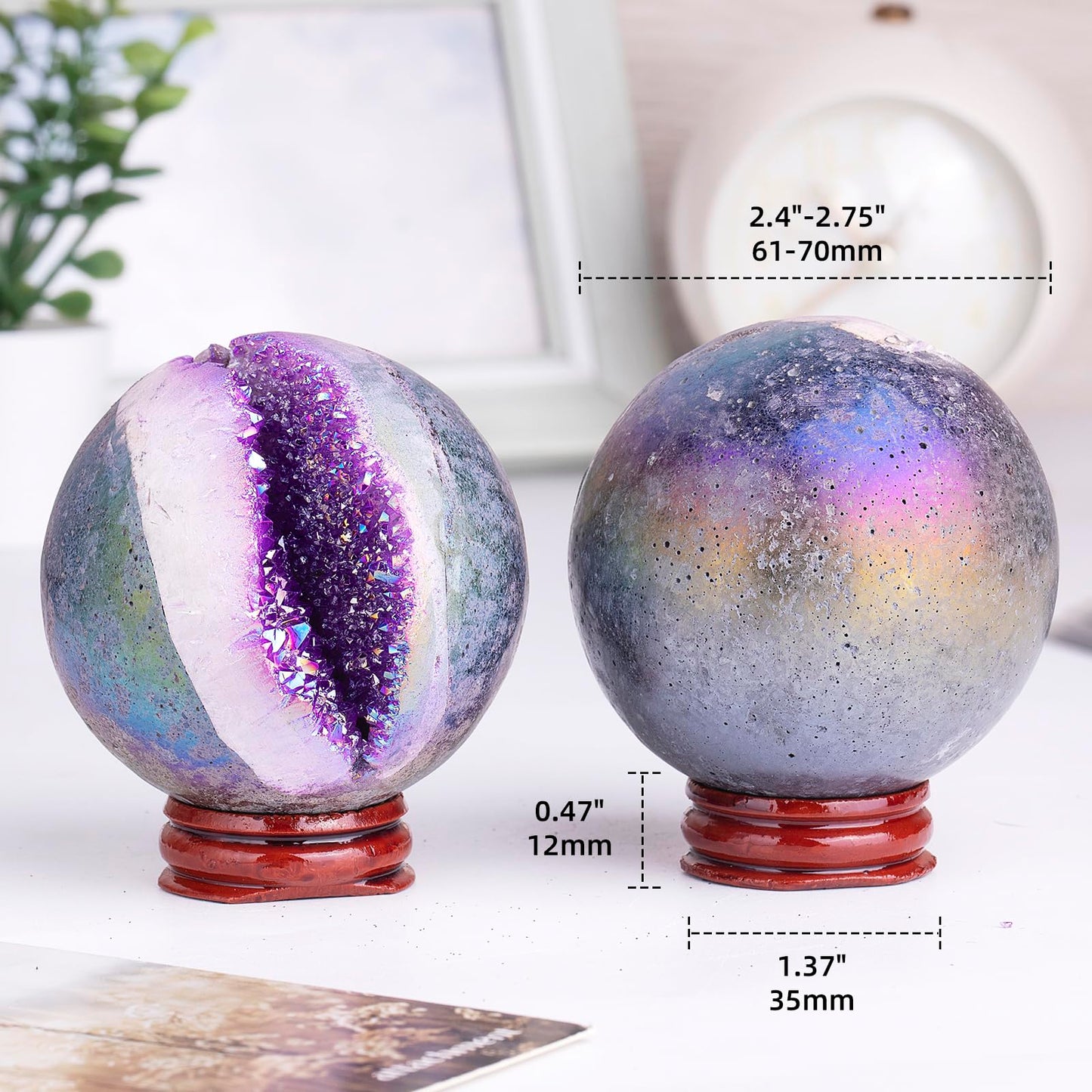 Sportmusies Titanium Coated Rock Crystal Geode Ball with Wooden Stand, Druzy Quartz Stone Cluster Sphere Reiki Home Office Decoration, Purple