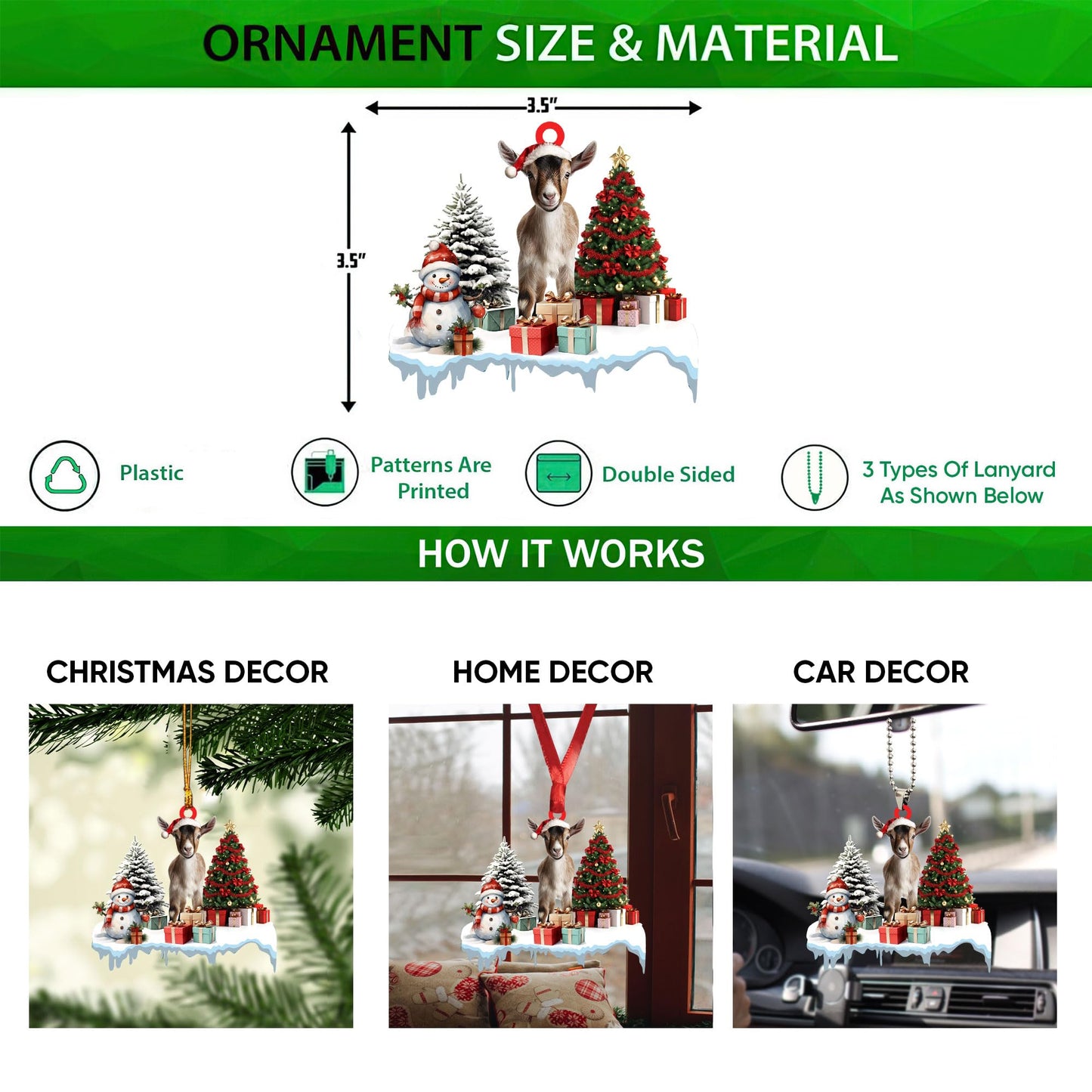 Talataca Goat 2D Flat Christmas Ornament, Goat Gift Boxes Pine Tree Decor, Hanging House Charm Eve Keepsake, Car Rear View Mirror Accessories, Xmas Gift