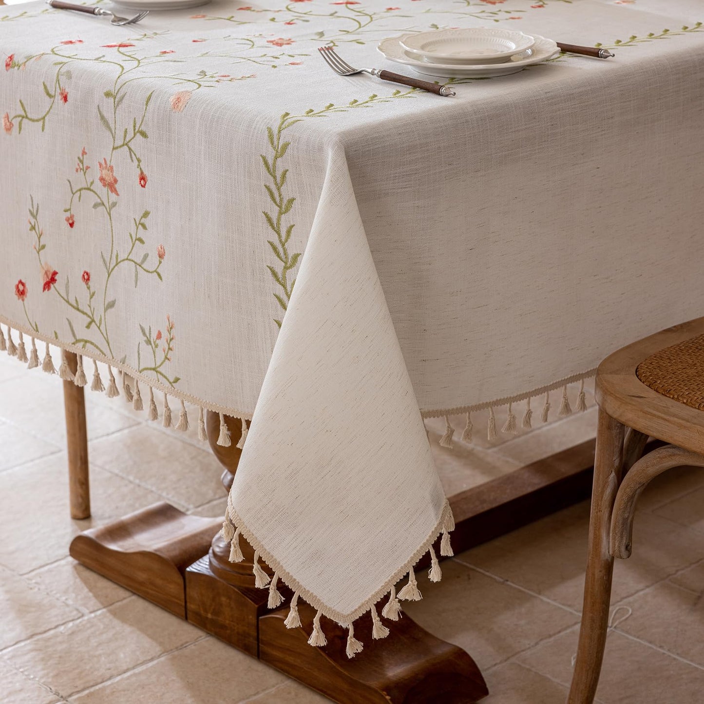 Joyfol Day Linen Spring Flowers Tablecloth with Tassels, Rustic Farmhouse Embroidery Waterproof Table Cloths for Rectangle Tables, Heavy Weight Spill-Proof Table Covers, Pink Florals, 55''x 86''