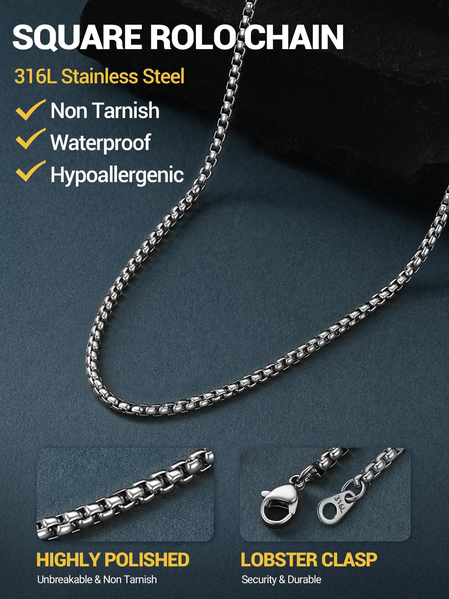 PROSTEEL Mens Chain Necklace, Squre Rolo Link Chains Stainless Steel Necklace 2mm Waterproof & Strong Lobster Clasp Men and Women Jewelry with Gift Box 20in