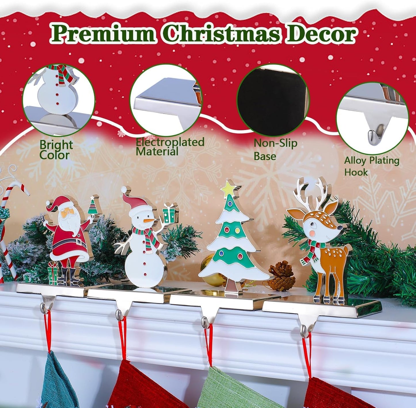 Baseo Christmas Stocking Holders Set of 4 Metal Christmas Stocking Holders for Fireplace-Xmas Deer Snowman Tree Santa Christmas Stocking Holder for Mantle-Stocking Hangers for Fireplace Topper