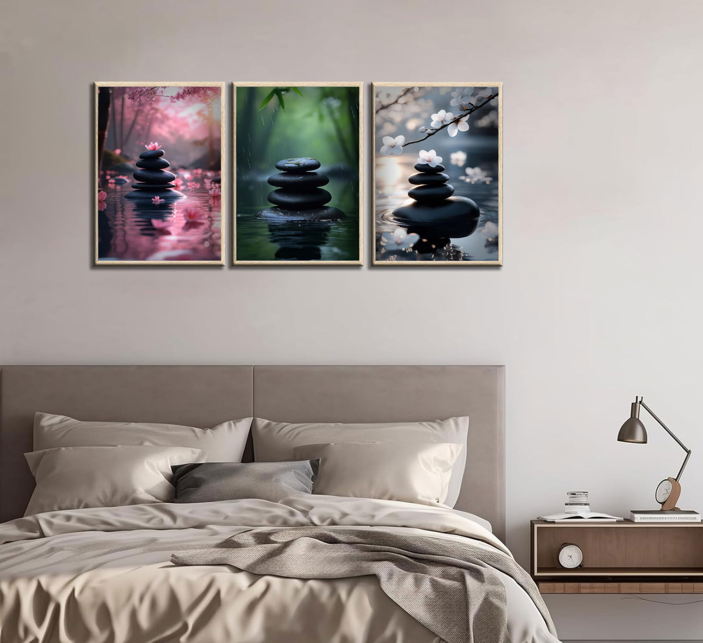 INADIKEIN 3pcs Zen Stone Wall Art Modern Zen Bathroom Wall Decor Meditation Spa Stone Poster Green Bamboo Lotus Printed Artwork for Yoga Meditation Spiritual Room Bathroom Unframed