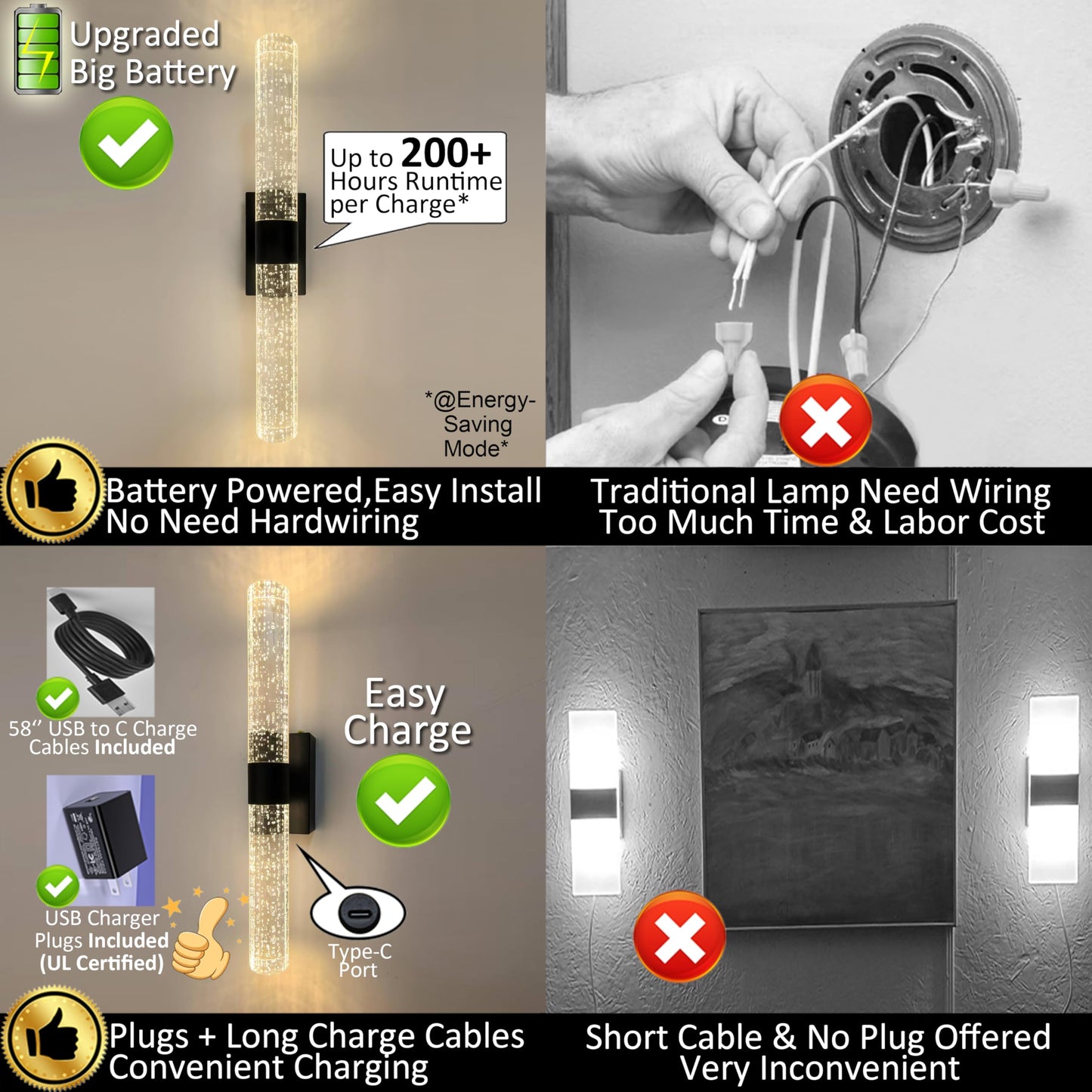 Battery Operated Crystal Wall Lights Rechargeable Set of 2 with Remote | Narrow Base Wireless Bubble Crystal Rod Wall Sconces Vanity Lights for Bathroom Bedroom Living Room (2 Pack, Black, 15.5'')