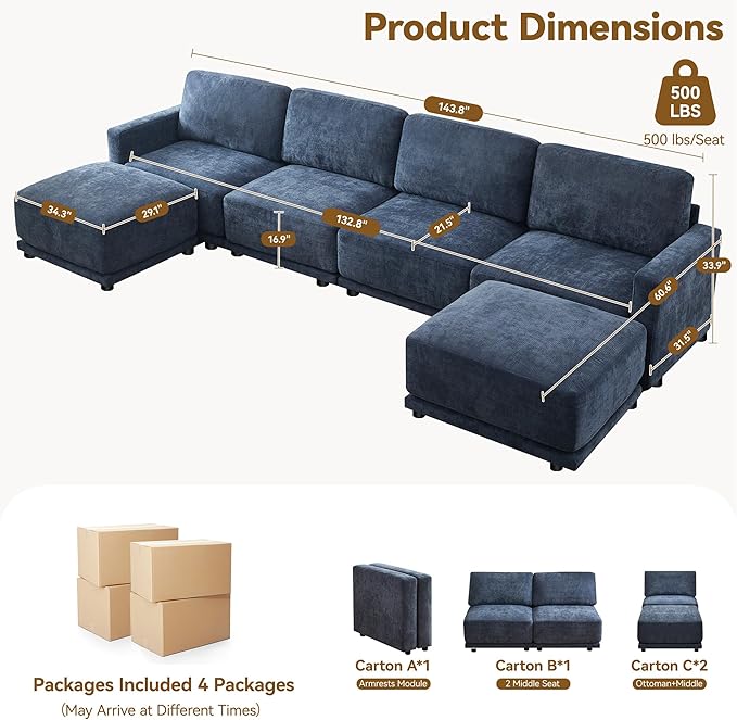 143.8" Modular Sectional Sofa Modern Chenille U Shaped Couch