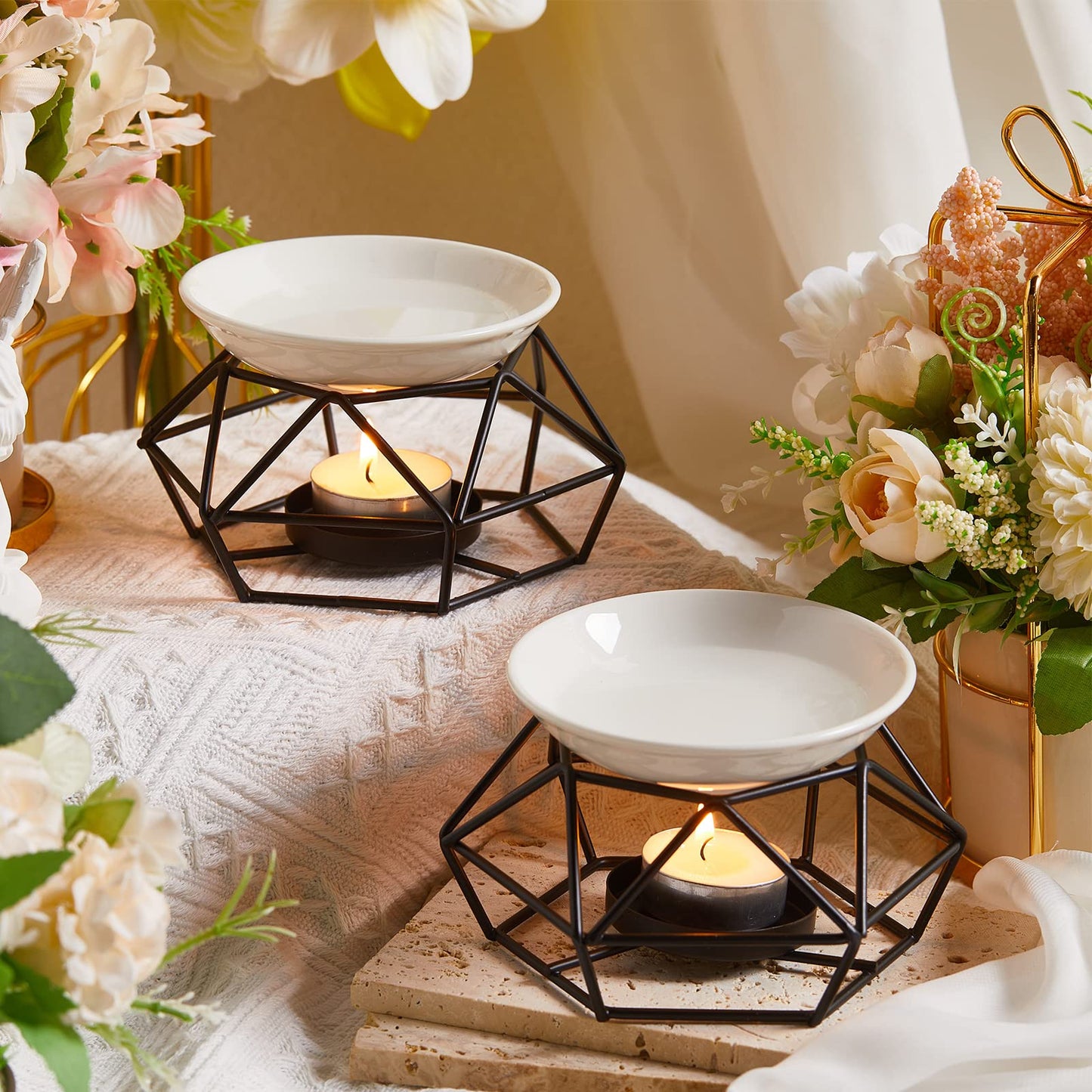 Mimorou 4 Pcs Romantic Essential Oil Burner Black Metal Wax Melt Bird Nest Style Tealight Wax Warmer Delicate Tealight Candle Holder Candle Tart Burne Home Wedding Decoration(Black)