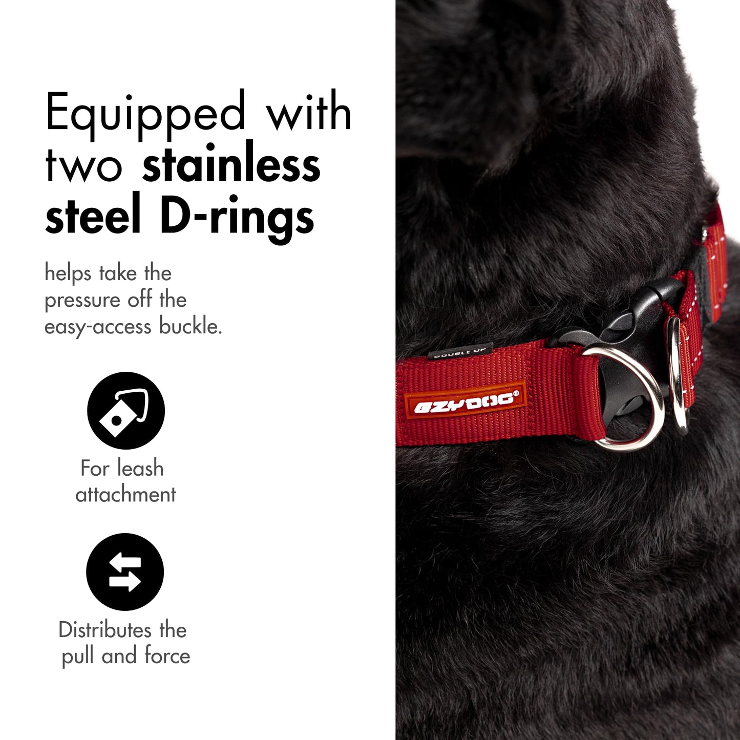 EzyDog Double Up Dog Collar - Reflective Dog Collar with ID Tag D-Ring, For Small to Large Dogs - Soft-Touch, Reflective, Durable - For Active Pets