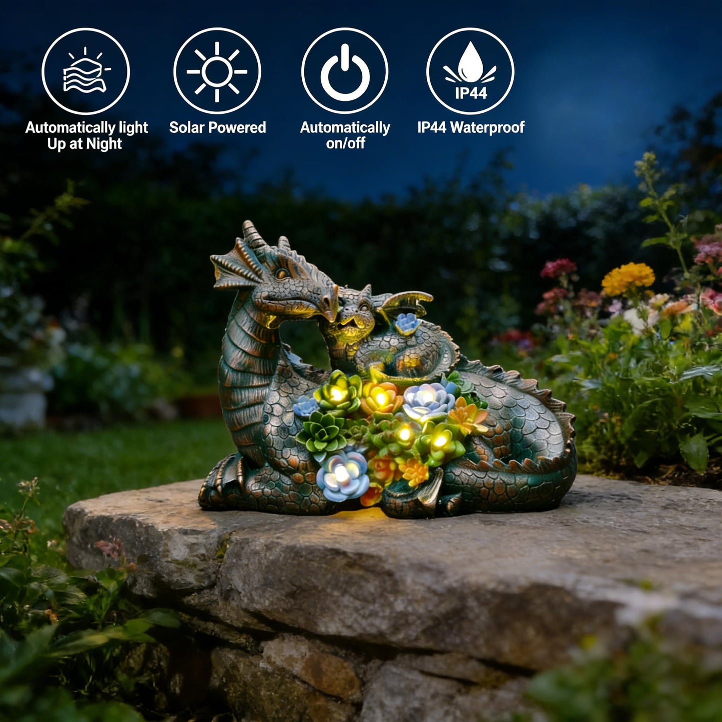 JOYBEE Dragon Solar Garden Statues Outdoor Decoration with Succulent and 6 LED Lights,Dragon Figurine Solar Lights Lawn Décor,Outside Statue Ornament for Patio, Balcony, Yard,Unique Gift for Mom