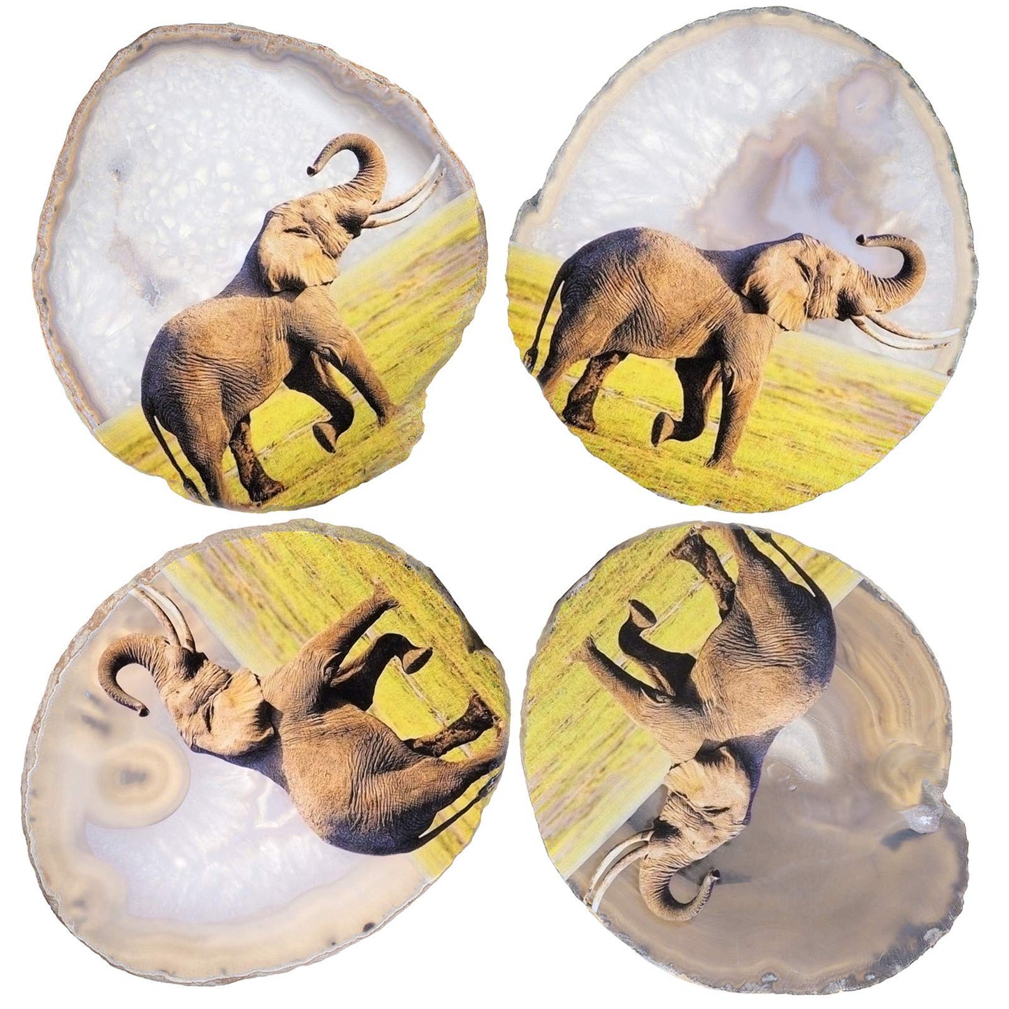 mookaitedecor Natural Agate Slice Art Print Elephant Table Display with Wooden Stand, Irregular Agate Geode Stone Figurine for Office & Home Decoration