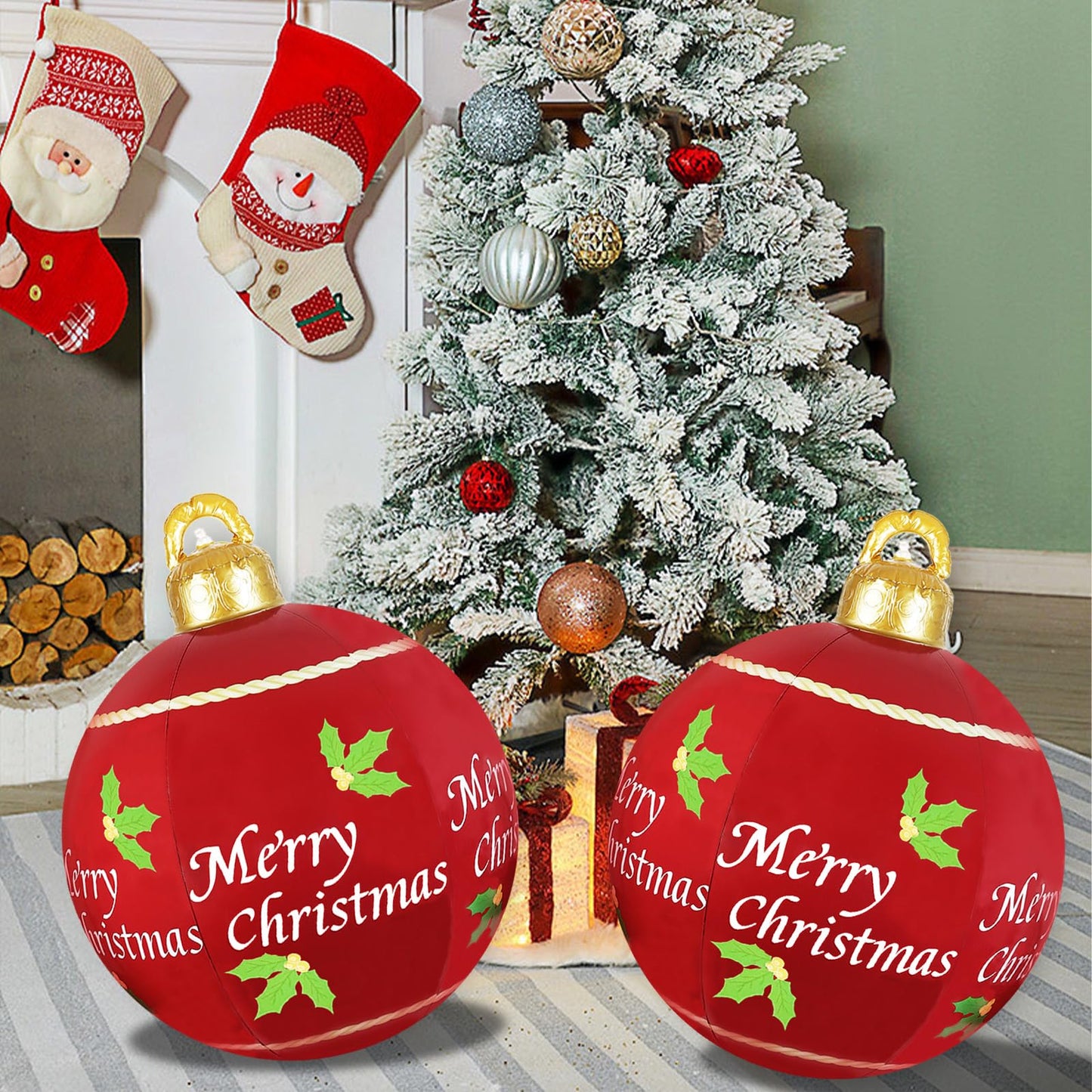 2 Pcs 24 Inch Christmas Giant Inflatable Ornaments Balls Outdoor, PVC large Christmas Hangable Blow Up Ball Decorations for Indoor Yard Porch Lawn (24" Red, 2)