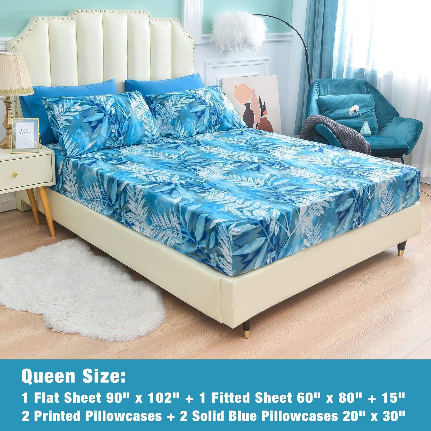 JSD Blue Tropical Leaves Print Sheet Set Queen Size, 6 Piece Soft Pattern Microfiber Bed Sheets Extra Deep Pocket