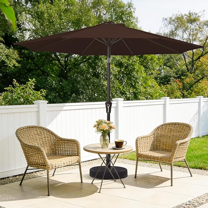 MEWAY 9ft Patio Umbrella Outdoor Table Umbrellas with Push Button Tilt and Crank, Market Umbrella 8 Sturdy Ribs for Deck, Garden, Pool and Backyard, Brown