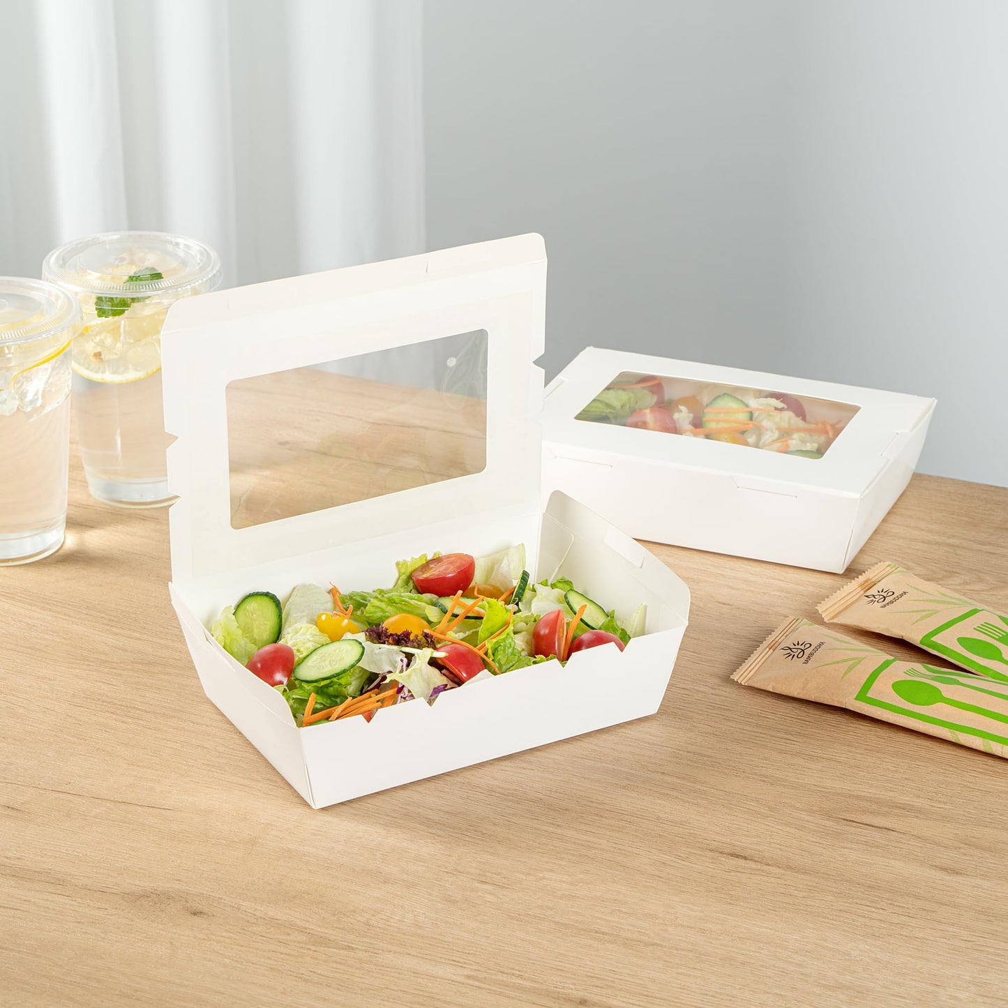 Restaurantware, Cafe Vision 42 Ounce Disposable To Go Boxes 200 Paper Boxes For Food - Hinge Lock Grease-Impervious White Paper Take Out Food Containers With Window For Lunch Or Desserts