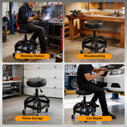 Frassie Rolling Mechanic Stool Garage Seat with Tool Tray, Height Adjustable 25.2"-29.1" Shop Stool with Brake Wheels for Auto Repair Workshop Steel Frame 300LBS Capacity