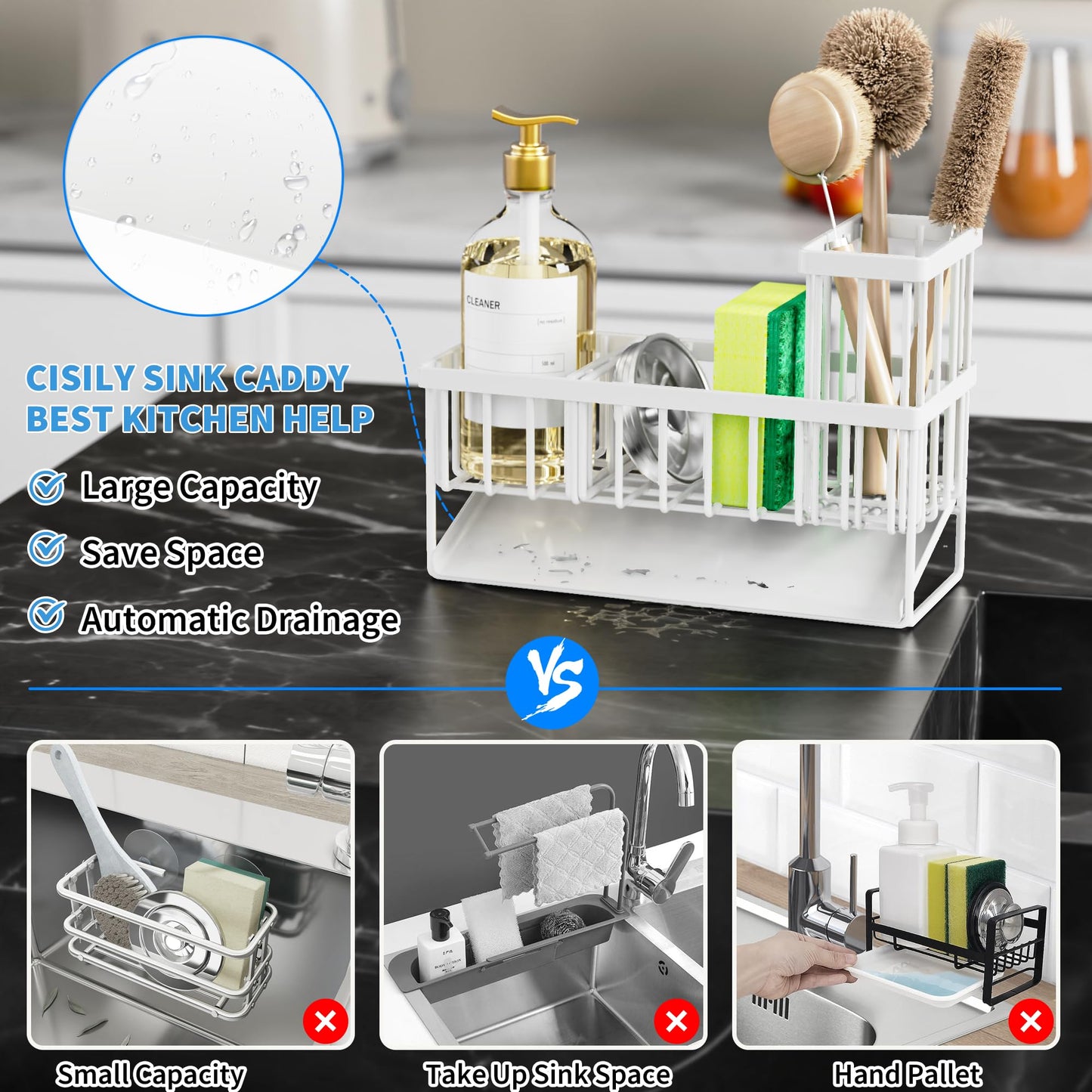 Cisily Kitchen Sink Caddy Organzier with High Brush Holder, Sponge Holder for Sink, 304 Rustproof Stainless, Kitchen Countertop Soap Dispenser Organizer, Kitchen Decor and Accessories