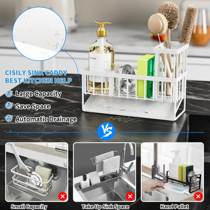Cisily Kitchen Sink Caddy Organzier with High Brush Holder, Sponge Holder for Sink, 304 Rustproof Stainless, Kitchen Countertop Soap Dispenser Organizer, Kitchen Decor and Accessories