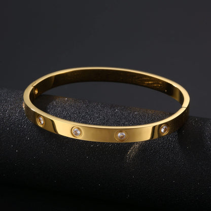 YCSLYW Women's Stainless Steel Bracelet Jewelry Crystal Bracelet With Cube Zircon Hinge Jewelry oval Bangle Christmas Valentines Birthday Gifts for Women (Love Gold)