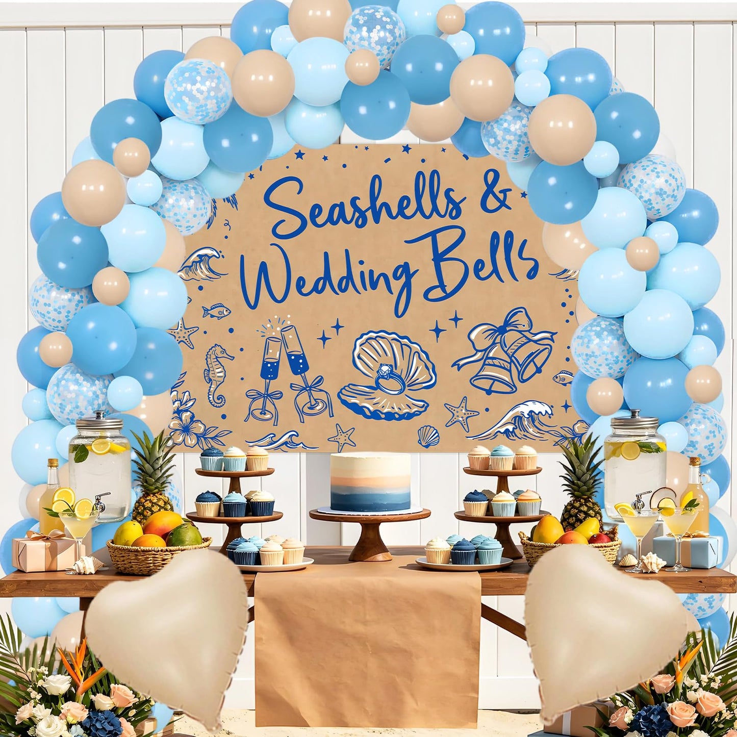 Fangleland Seashells and Wedding Bells Bachelorette Decorations, Coastal Beach Backdrop Balloon Arch Garland Kit Bride To Be Sash, Sea Shell Bridal Shower Engagement Party Supplies