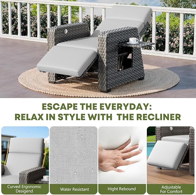 WACASA Outdoor Recliner Chair with Independent Dual-Control – 150° Lay-Flat Wicker Patio Armchair with Air Pump, Flip-Up Side Table, Extended Footrest & 5" Thick Fade-Resistant Olefin Cushions