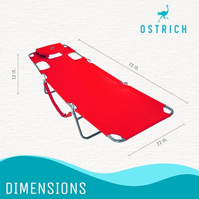 Ostrich The Original Chaise 72 x 22 Inch Lounge Portable Reclining Lounger, Outdoor Patio, Beach, Lawn, Camping, or Pool Tanning Chair, Red