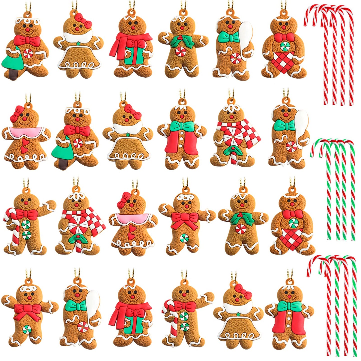 Zhanmai 36 Pcs Gingerbread Man Ornaments - Christmas Candy Canes & Hanging Ornaments Decoration for Xmas Tree & Home Holiday Party Decor (Cute Style)