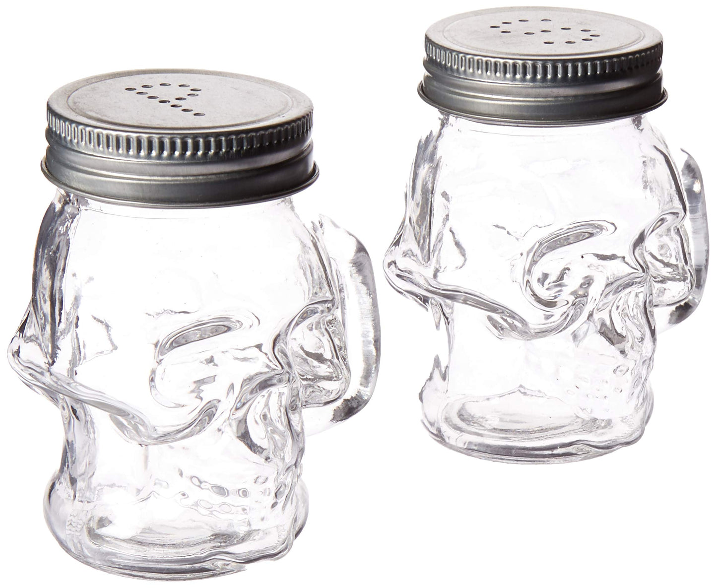 Circleware 66746 Skull Glass Mini Mug Salt and Pepper Shakers with Handles & Metal Lids 2-Piece Set, Perfect Himalayan Seasoning Spices, 4 oz, Clear