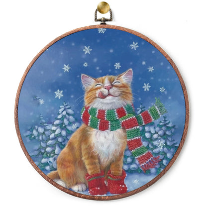 heiyihe Winter Round Cat Canvas Hanging Prints, 10x10 Inches Round Christmas Canvas Frame Wall Art Decor, Christmas Embroidery Kit Decor for Home Living Room, Gift Ideas for Family Friends-A11