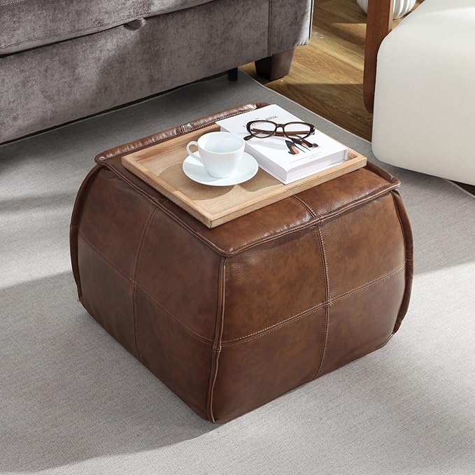Leather Ottoman, Handmade Stuffed Square Ottoman, Genuine Leather Pouf