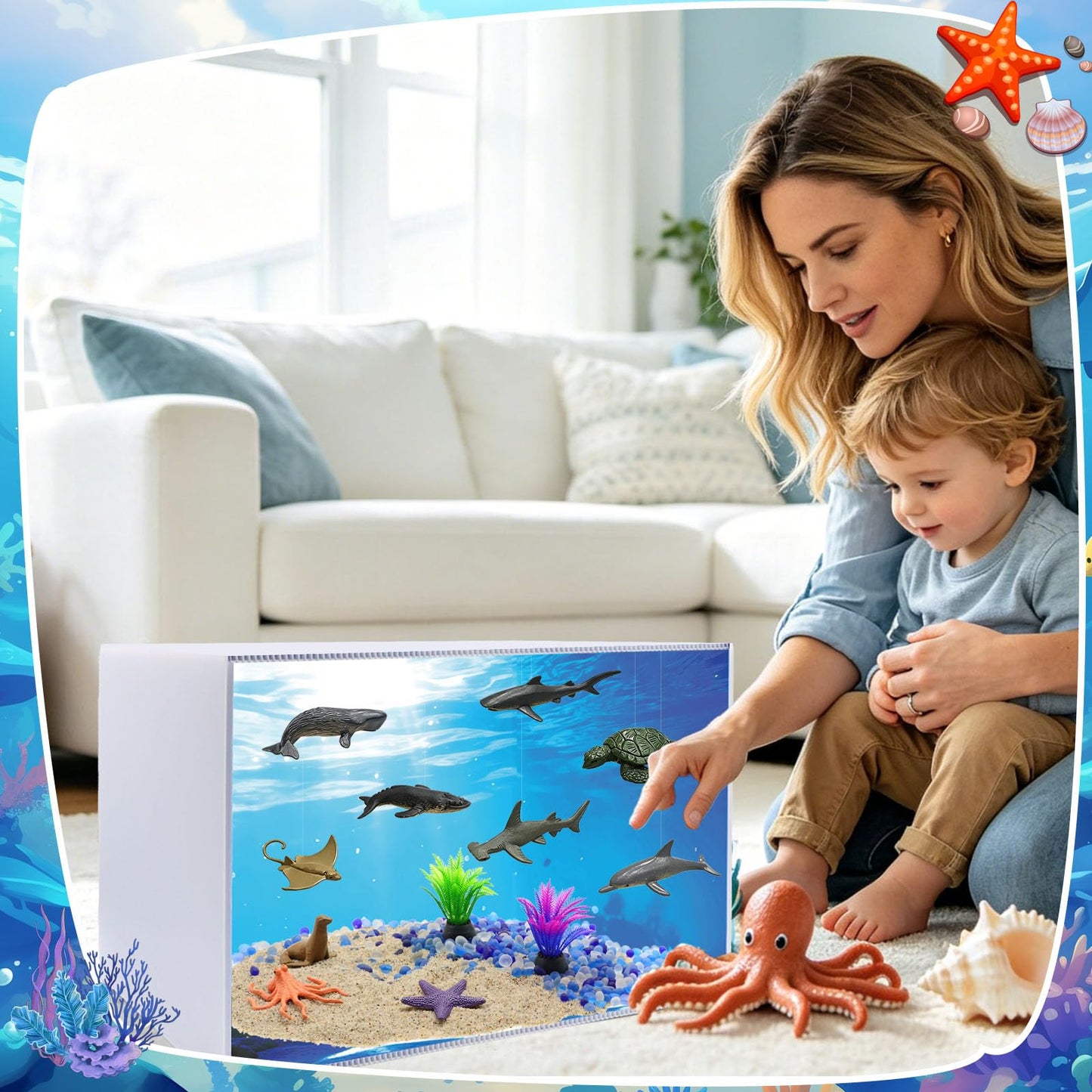 Ocean Diorama Kit, Ocean Habitat Project Supplies with Diorama Box, Sea Animals Figures, Seagrass, Decorative Crystal Pebbles, Sands, Sea Animal Habitat Diorama Kit for Gifts DIY Crafts