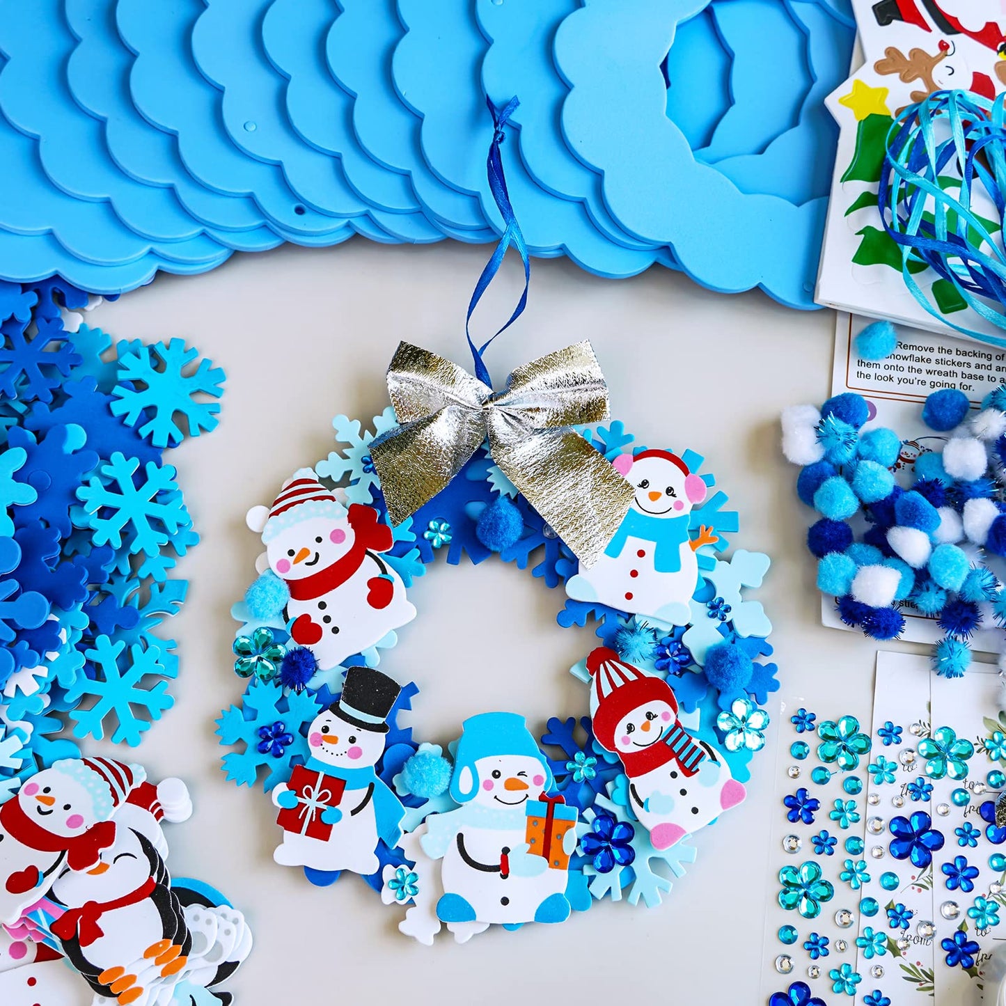 Winlyn 12 Sets Winter Crafts DIY Christmas Snowflake Wreath Ornaments Decorations Art Sets Snowman Santa Foam Stickers for Kids Classroom Activities