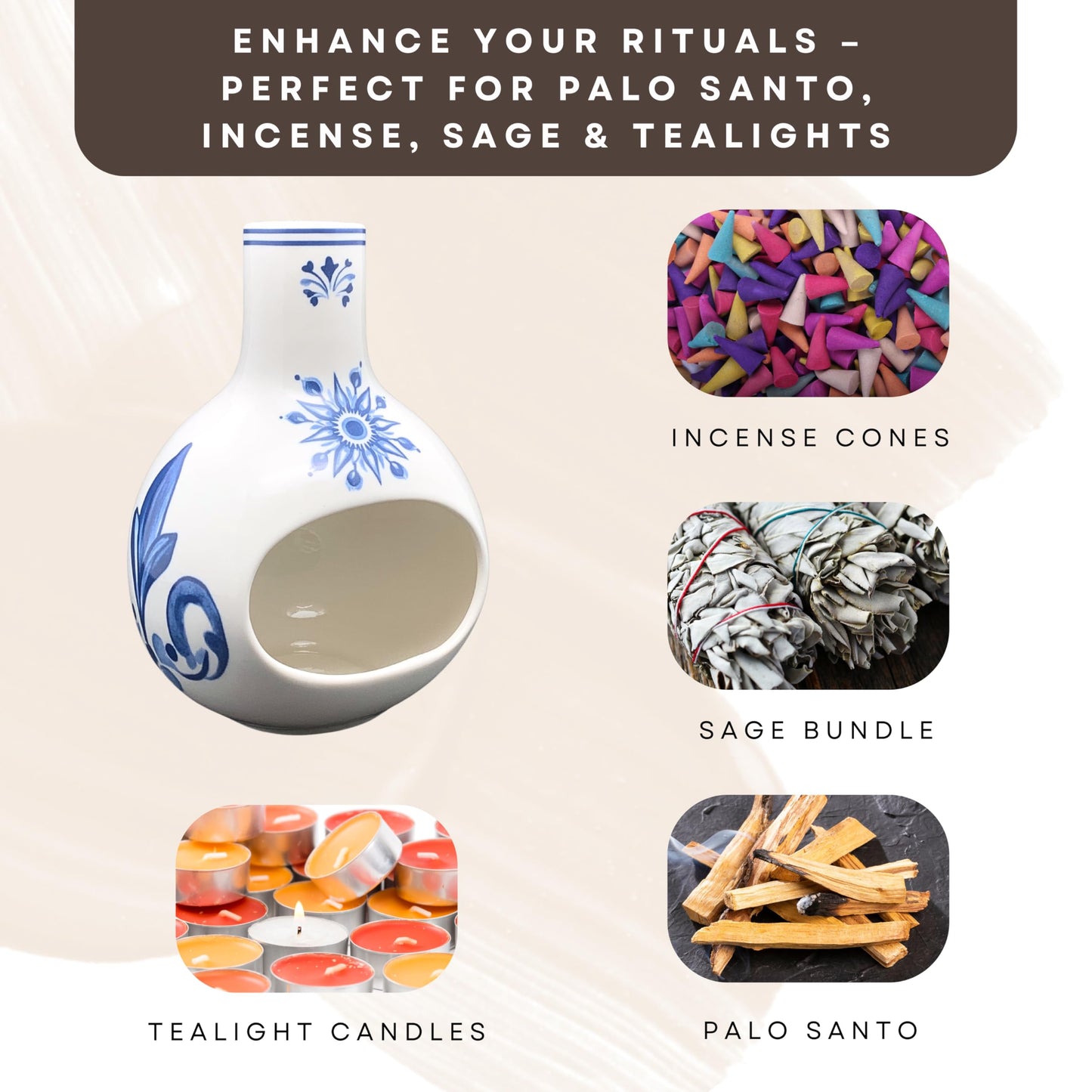 Ceramic Incense Holder – Palo Santo Burner for Sticks, Cones & More – Ash Catcher for Meditation, Altar, and Home Decor (Crystalhush)
