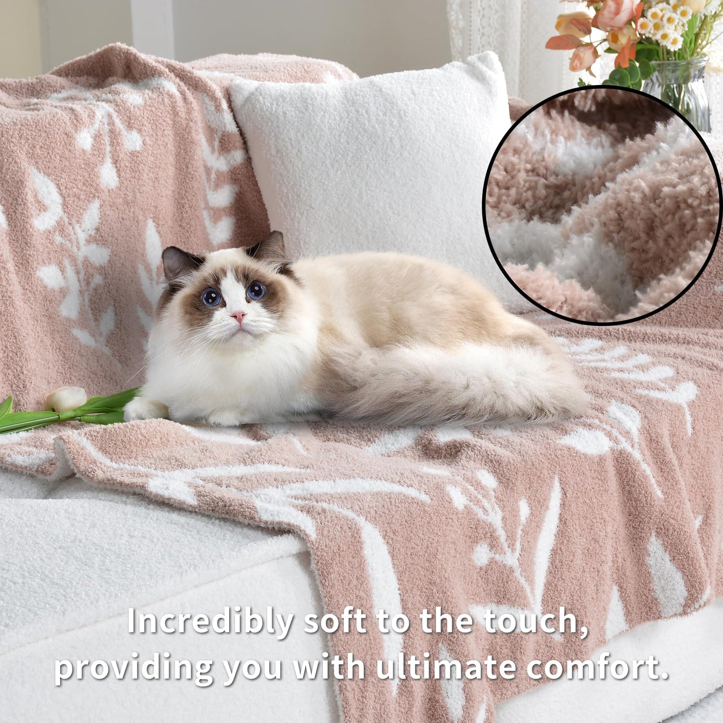 Leaf Pattern Throw Blanket Soft Cozy Spring Blanket for Bed, Couch, Sofa Lightweight Breathable Stylish Seasonal Home Decor Blanket Dusty Rose 50x60 Inches