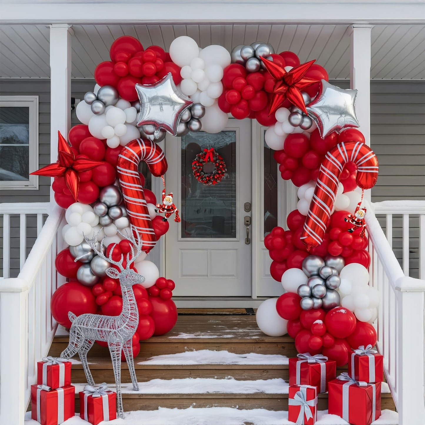 Red Christmas Party Decorations with Balloon Garland Arch Kit & Red White Silver Cane Candy Explosion Star Foil Balloons for Winter Xmas New Year eve Birthday Decorations