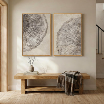 2 Piece Framed Neutral Tree Rings Wall Art for Living Room, Large Modern Wood Grain Canvas Prints Paintings, Farmhouse Nature Wabi Sabi Artwork Decor for Bedroom Hallway 24x36 Inch