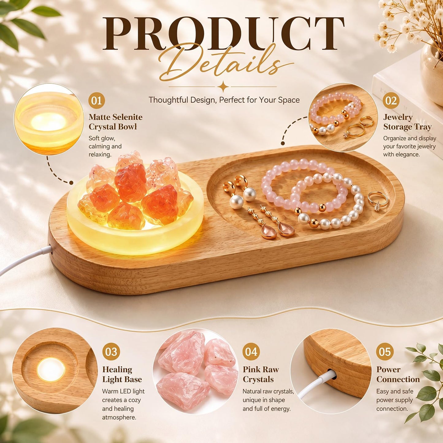 Hushee Light up Wood Jewelry Tray Crystal Holder Set of 3 - Selenite Charging Bowl & Natural Raw Rose Quartz Stone Aesthetic Room Decor for Jewelry Storage, Meditation, Ideal Gift for Women