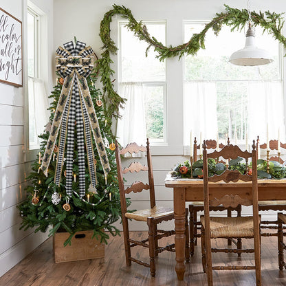 GOGOSY Christmas Tree Topper Bow,48''x 13'' Large Buffalo Plaid Truck Wreath Bows Handmade Xmas Ornaments with Long Burlap Wired Edge Ribbon for Farmhouse Christmas Decoration(Black and White Plaid)