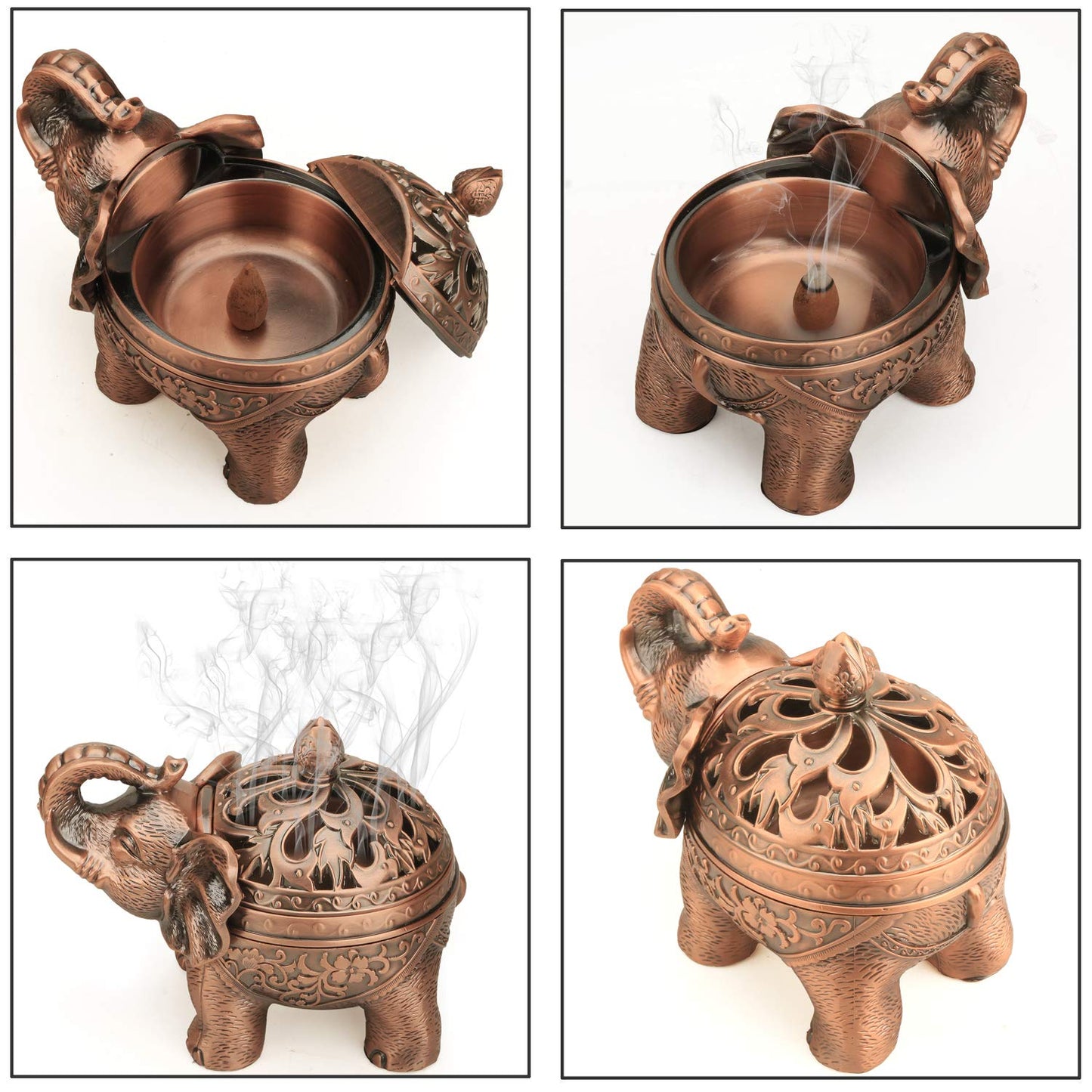 K COOL Alloy Incense Holder Stand Elephant Cone Coil Incense Burner Ash Catcher with Lid, Aromatherapy Ornament Home Decoration for Indoor Outdoor (Red Copper)