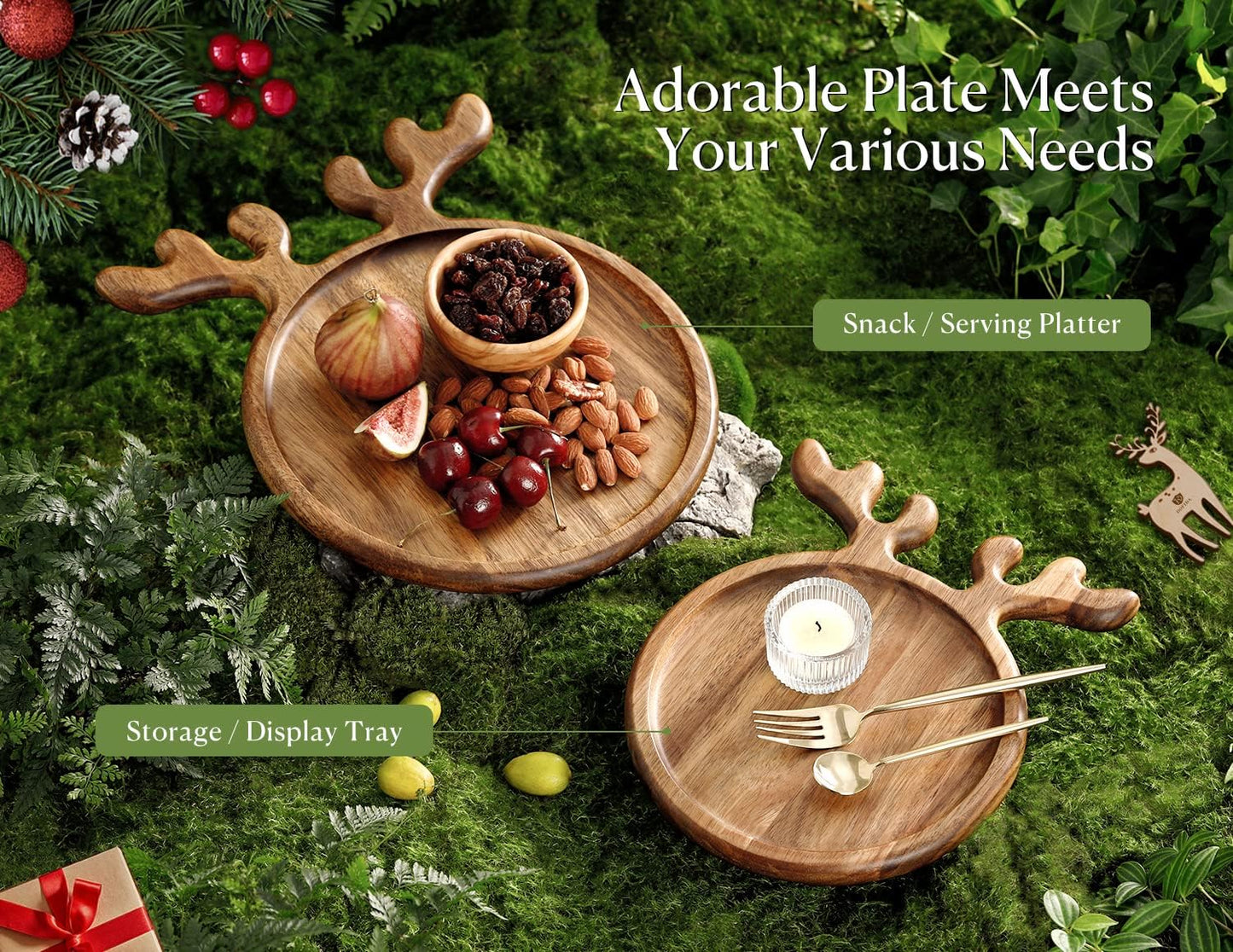 Dofira Acacia Wood Serving Platter, Christmas Decorative Reindeer Antler, 12"x10"Round Wooden Food Dish Display Plate, Charcuterie Board Tray for Cheese Fruit, Kitchen Gift for Mother’s Day (Gift Box)